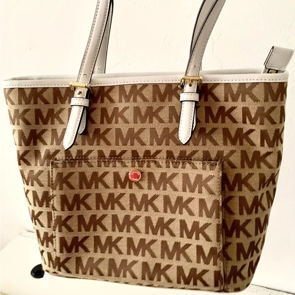 Michael Kors Brown Signature bag Monogram Tote Gold Hardware and White Trim NEW - Picture 1 of 13